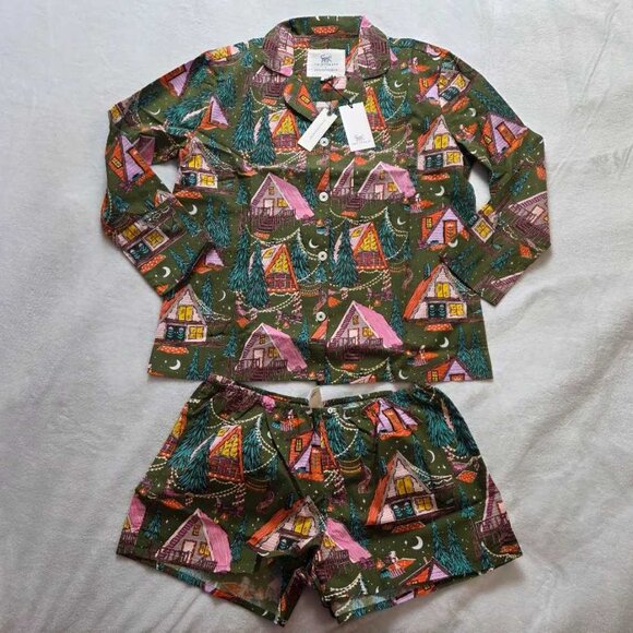 New XS Printfresh x Anthropologie bonfire stories camping long-sleeve pajama set